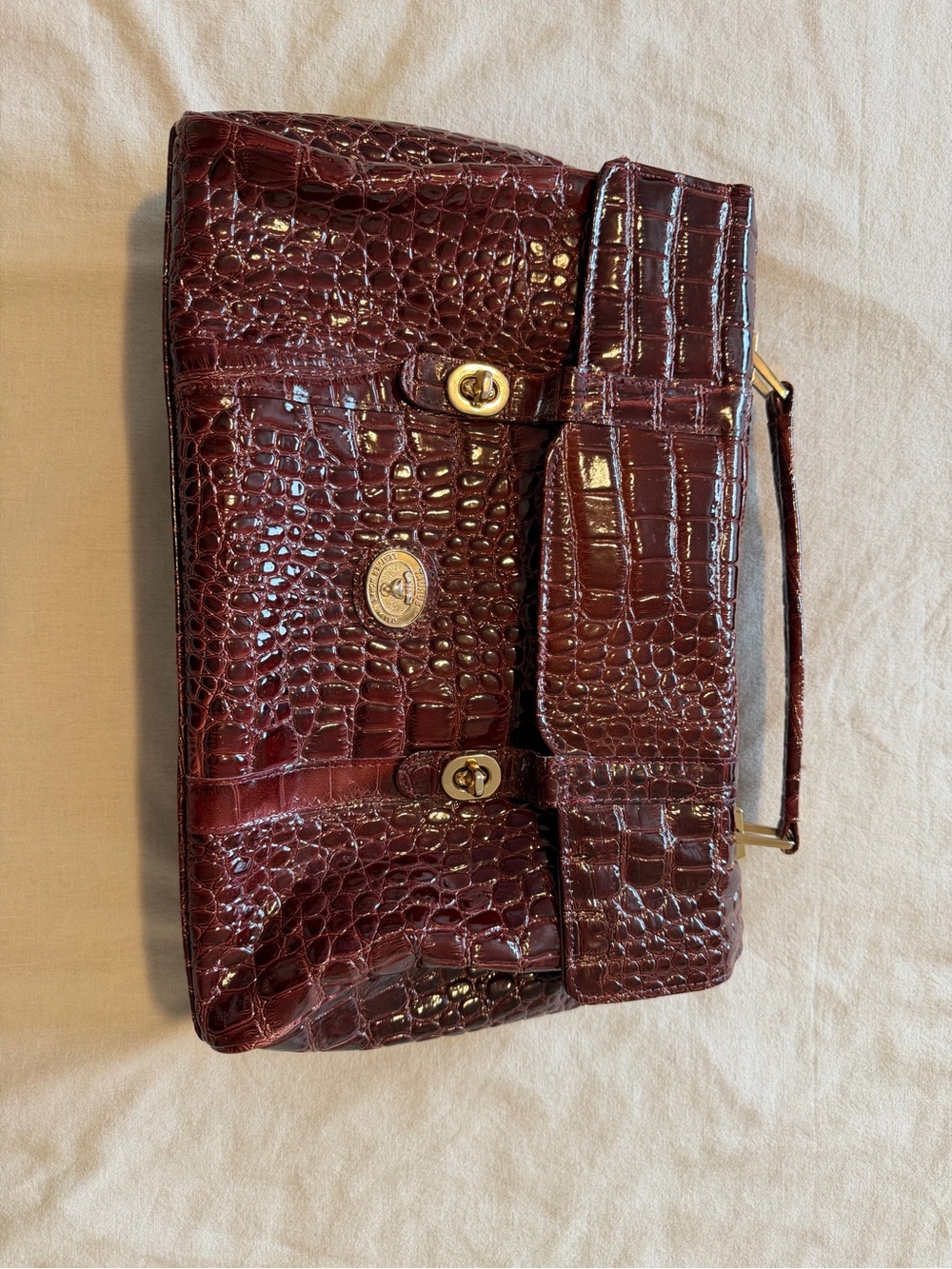 Taurus Burgundy Croc Embossed Medium Shoulder Bag w/ Pouch, Zip/Snap, Gold